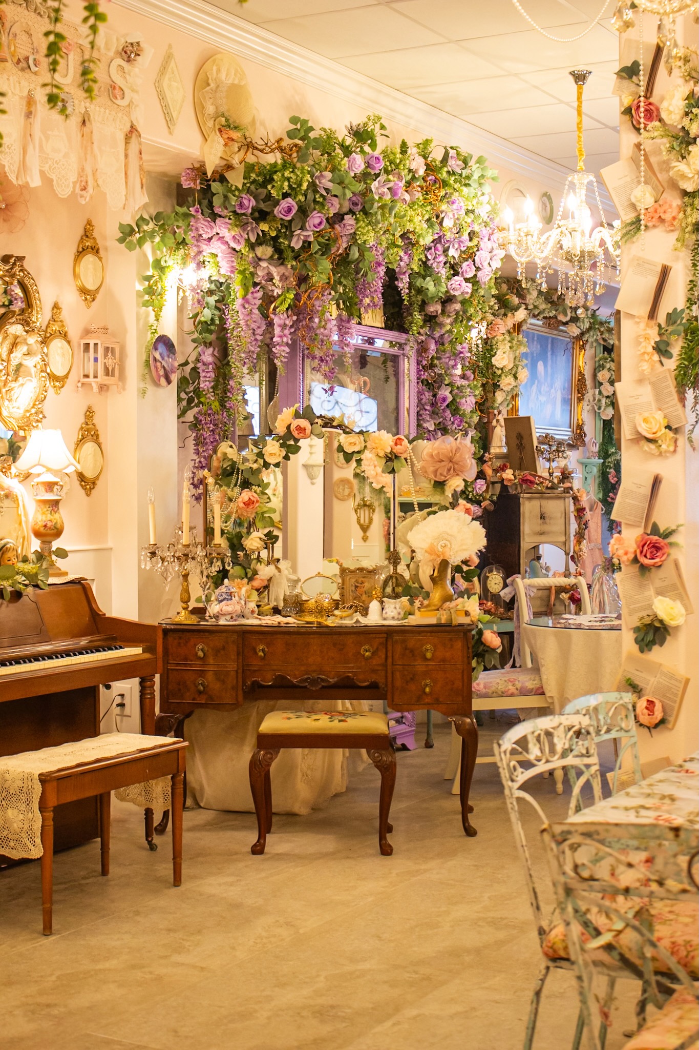 Vintage vanity beneath lavender florals