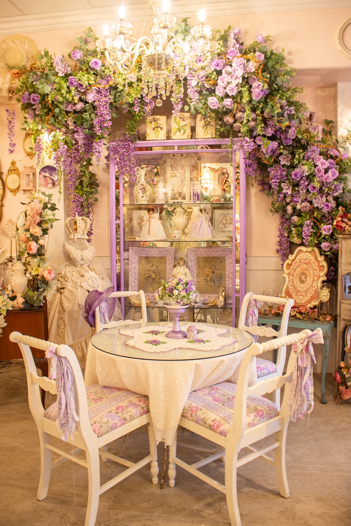 Lavender curio cabinet and table setting